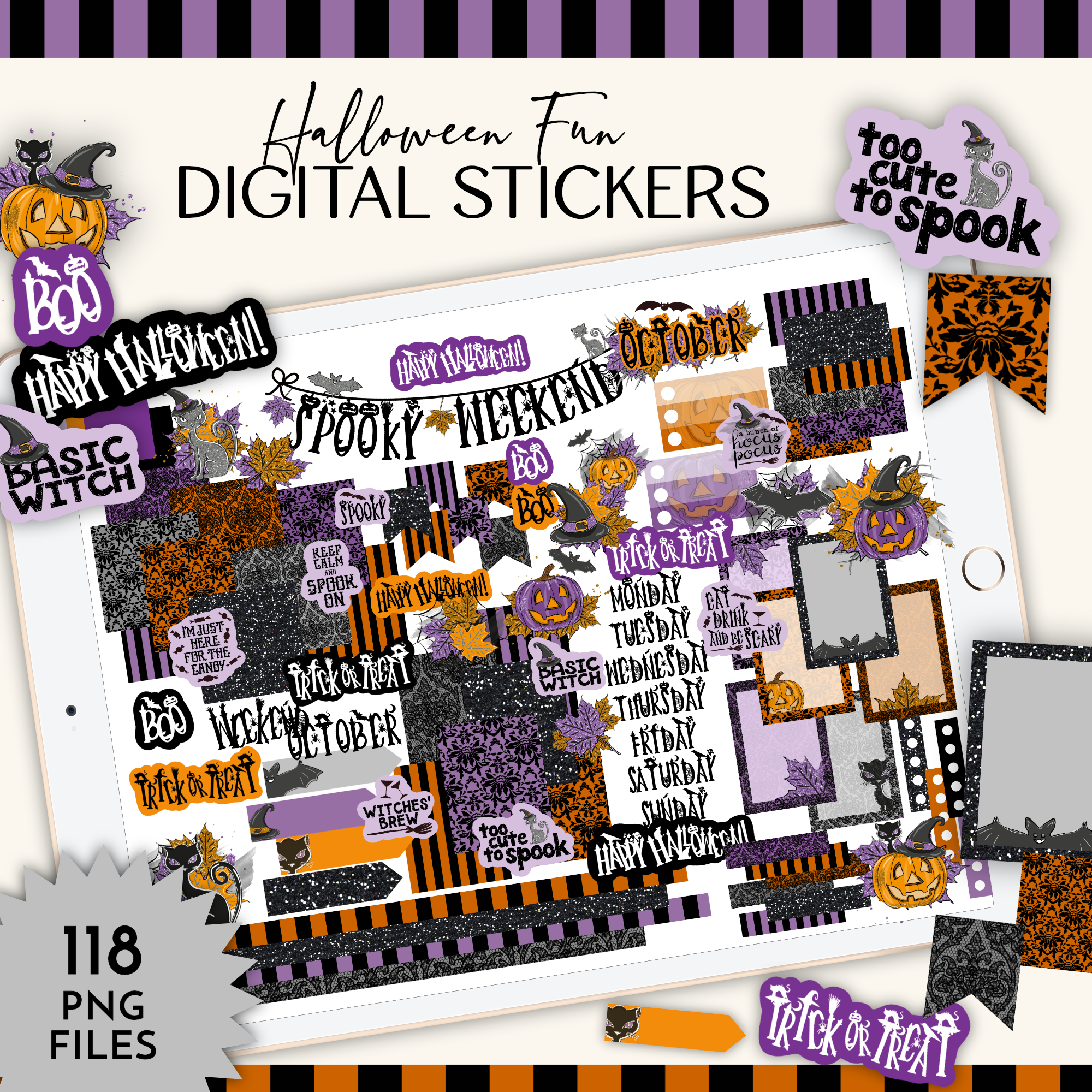 Digital sticker pack preview for Halloween-themed digital stickers, featuring a tablet displaying a collage of purple, orange, black, and white stickers with text like 'Halloween Fun', 'Digital Stickers', 'Too Cute to Spook', and '118 PNG FILES'.