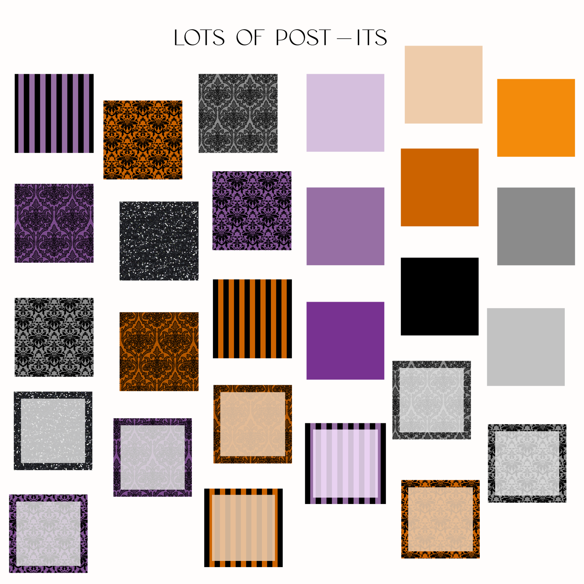 A grid of square color and pattern swatches on a white background, including purple, lavender, orange, black, gray, beige, and striped/damask designs, with the text 'LOTS OF POST - ITS' at the top.
