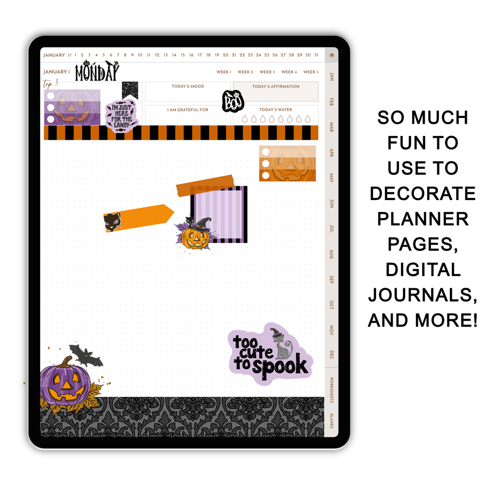 A digital planner template preview shown on a tablet screen with Halloween-themed decorative elements, alongside promotional text reading 'SO MUCH FUN TO USE TO DECORATE PLANNER PAGES, DIGITAL JOURNALS, AND MORE!' on a white background.