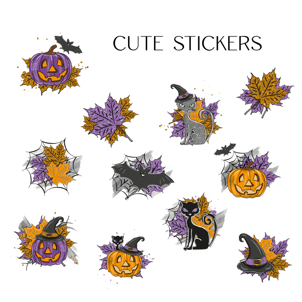 A sheet of cute Halloween stickers on a white background, featuring jack-o'-lanterns, purple and orange autumn leaves, bats, spiderwebs, witch hats, a gray cat in a witch hat, and black cats with orange swirls.