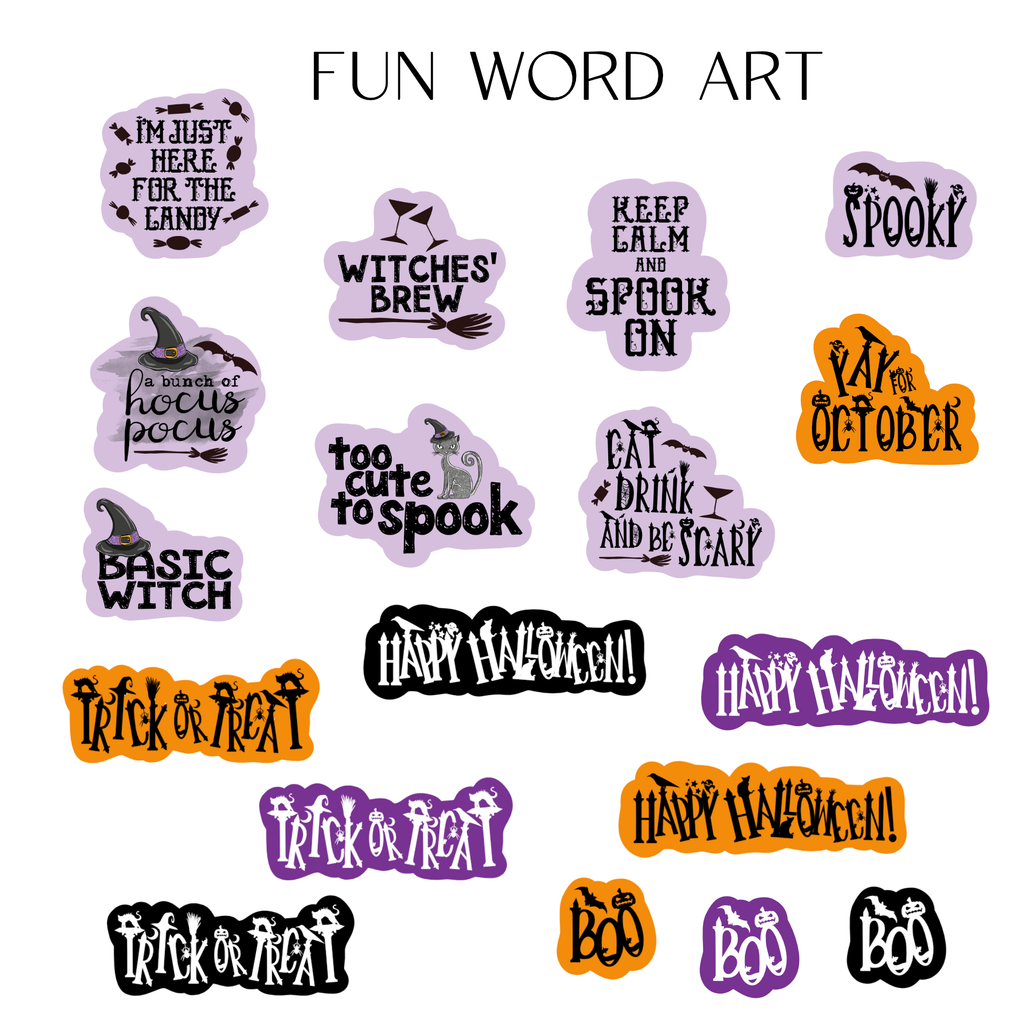 A sheet of Halloween-themed word art stickers or decals on a white background, with the heading 'FUN WORD ART' at the top. The designs include phrases like 'Spooky,' 'Witches Brew,' 'Keep Calm and Spookin', 'Eat, Drink and Be Scary,' 'Trick or Treat,' 'Happy Halloween,' and 'Boo,' each in different colors including black, orange, purple, and lavender.