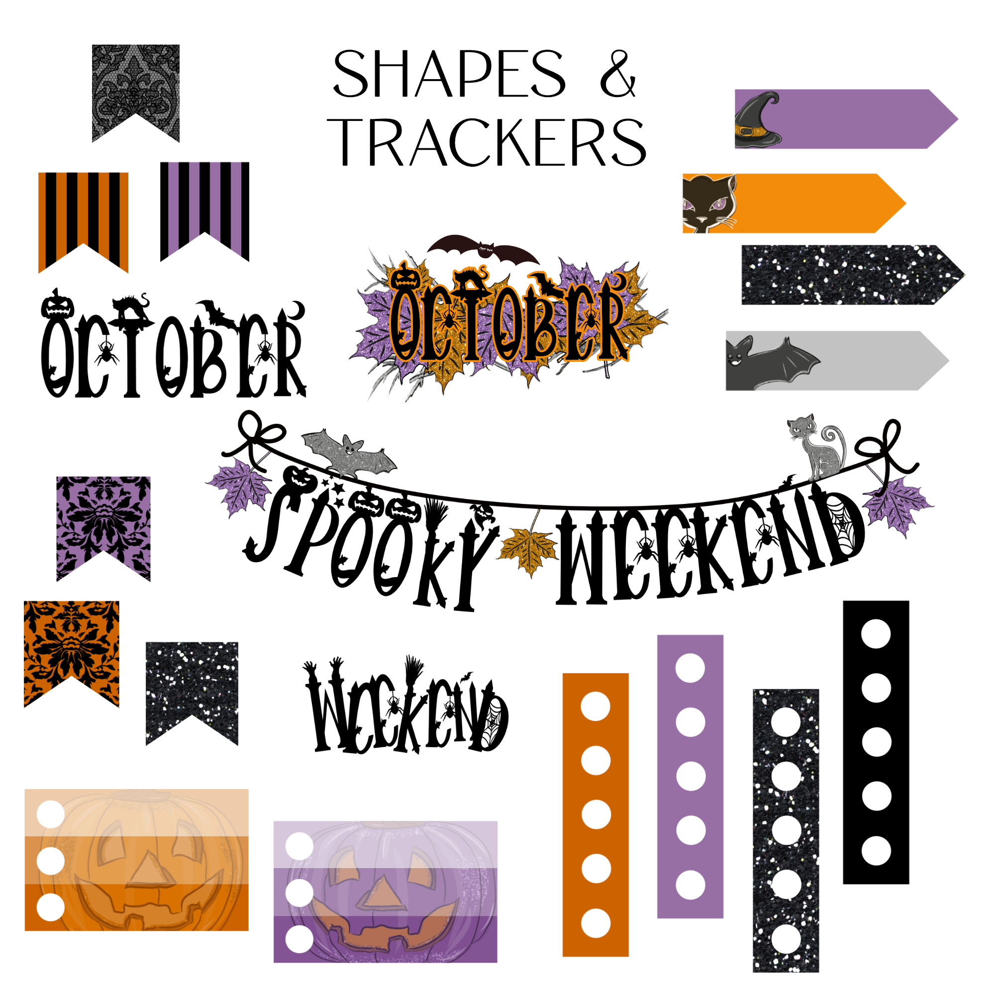 A sheet of Halloween-themed planner shapes and trackers including banners, arrow tags, circular dot trackers, pumpkin graphics, and a spooky weekend banner on a white background.