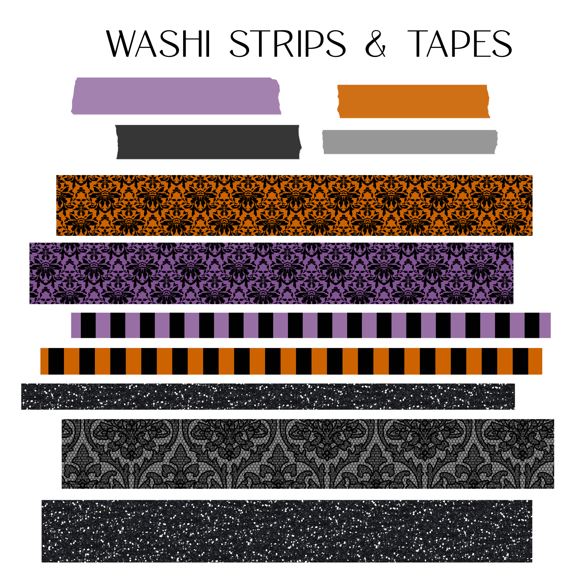 A product display of various washi strips and tapes with Halloween-themed designs, including purple and orange damask patterns, black and orange stripes, and solid black and purple strips, arranged vertically on a white background with the text 'WASHI STRIPS & TAPES' at the top.