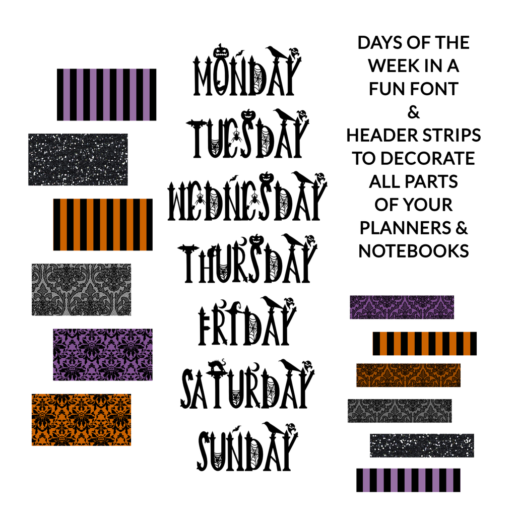 A digital preview of a planner decoration set featuring the days of the week in a spooky gothic font, alongside various decorative header strips with purple, black, and orange patterns.