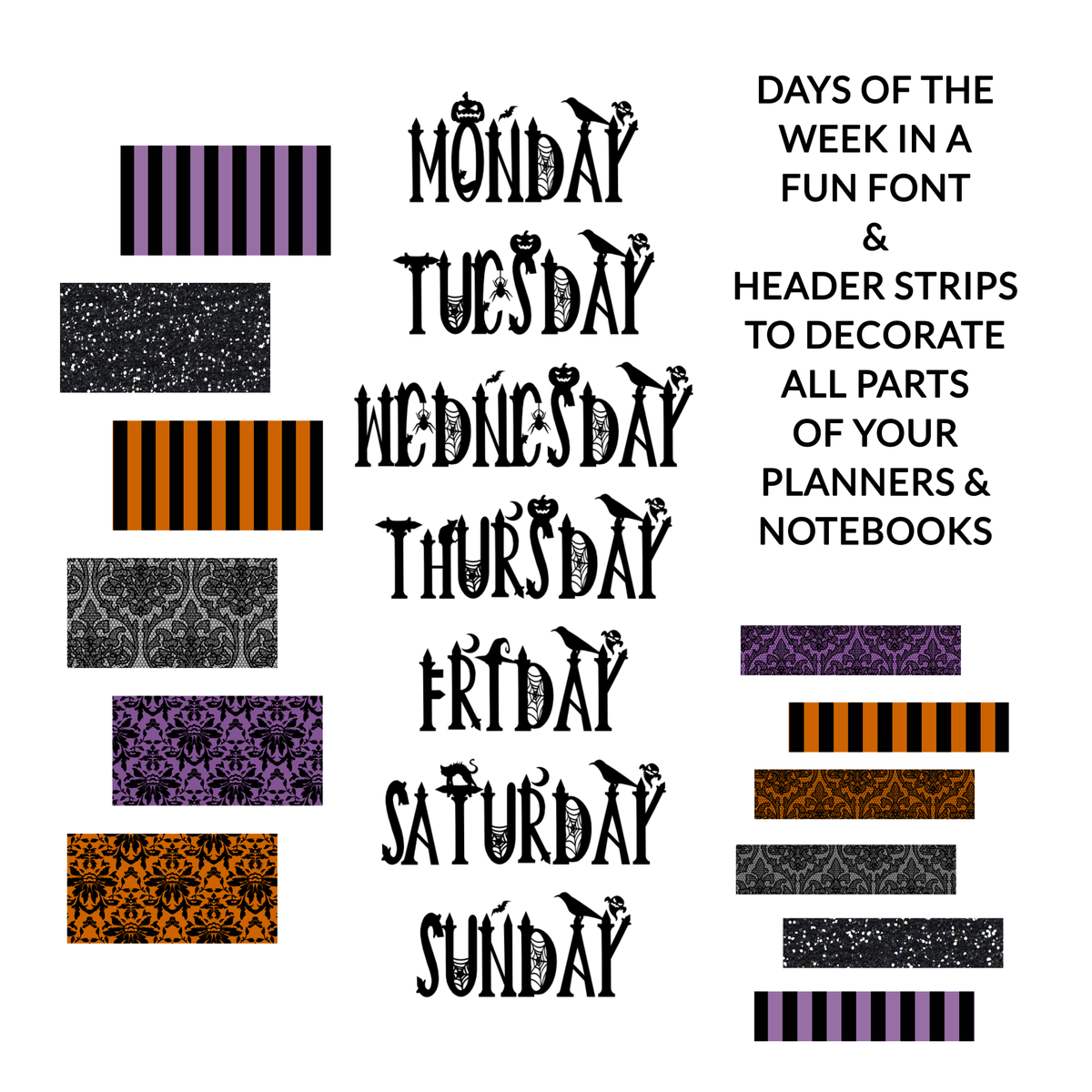 A digital preview of a planner decoration set featuring the days of the week in a spooky gothic font, alongside various decorative header strips with purple, black, and orange patterns.