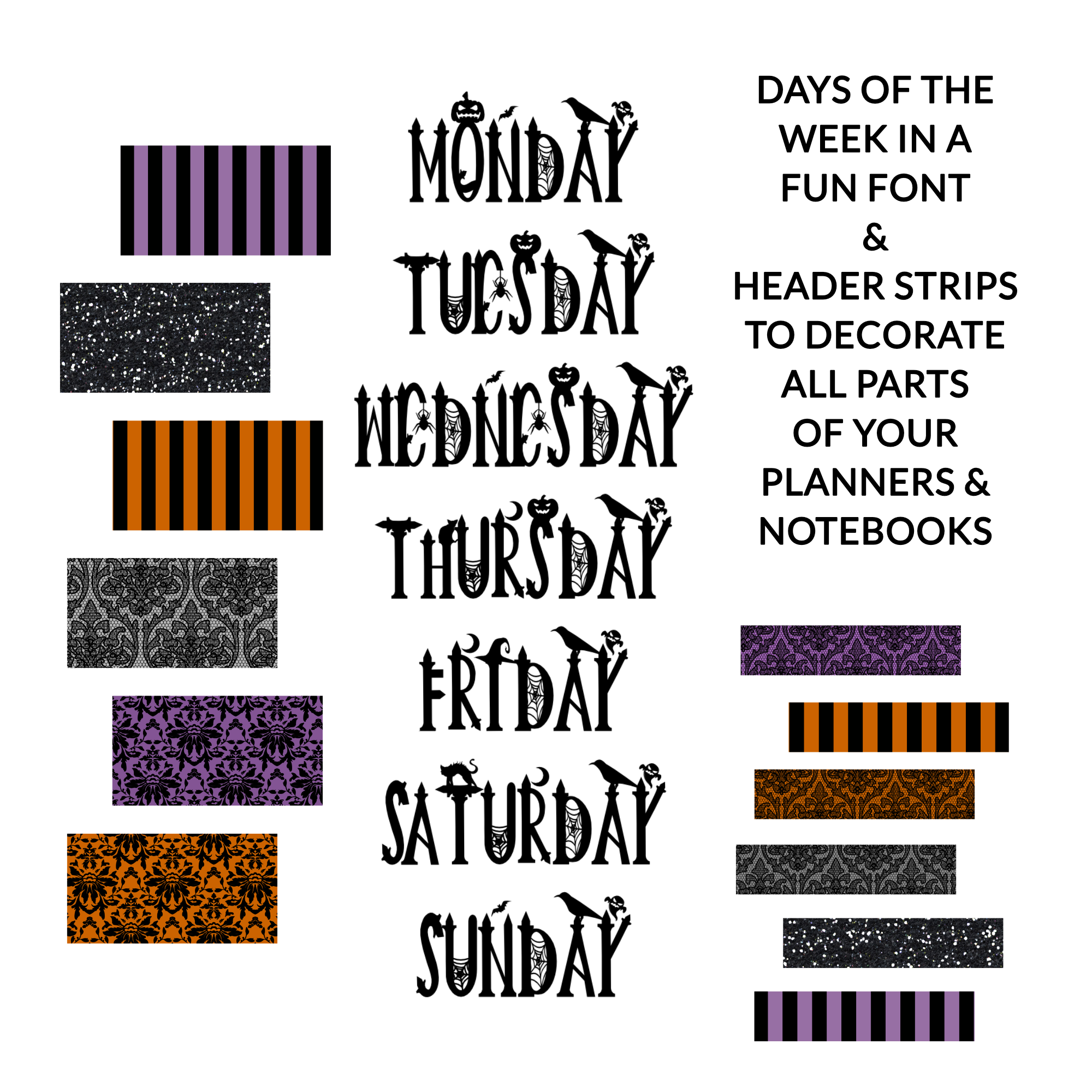A digital preview of a planner decoration set featuring the days of the week in a spooky gothic font, alongside various decorative header strips with purple, black, and orange patterns.