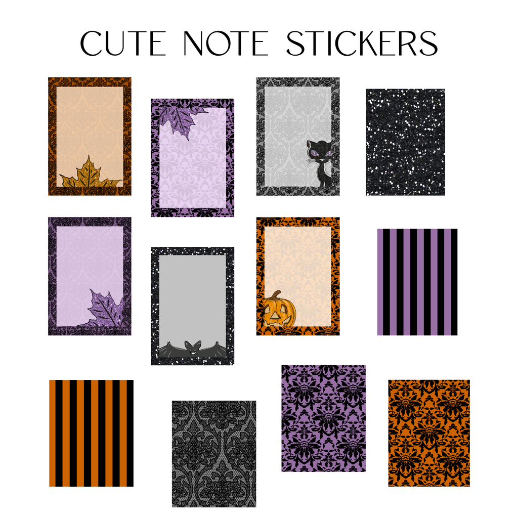 A set of 12 Halloween-themed note stickers arranged on a white background under the text 'CUTE NOTE STICKERS'. The designs feature purple, orange, black, and beige patterns including damask, stripes, bats, pumpkins, and leaves.