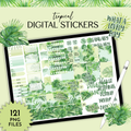 Digital planner sticker set preview titled 'tropical DIGITAL STICKERS' with a tablet showing multiple green tropical leaf and text stickers, plus '121 PNG FILES' and 'what a lovely day' graphics on a pale green background.
