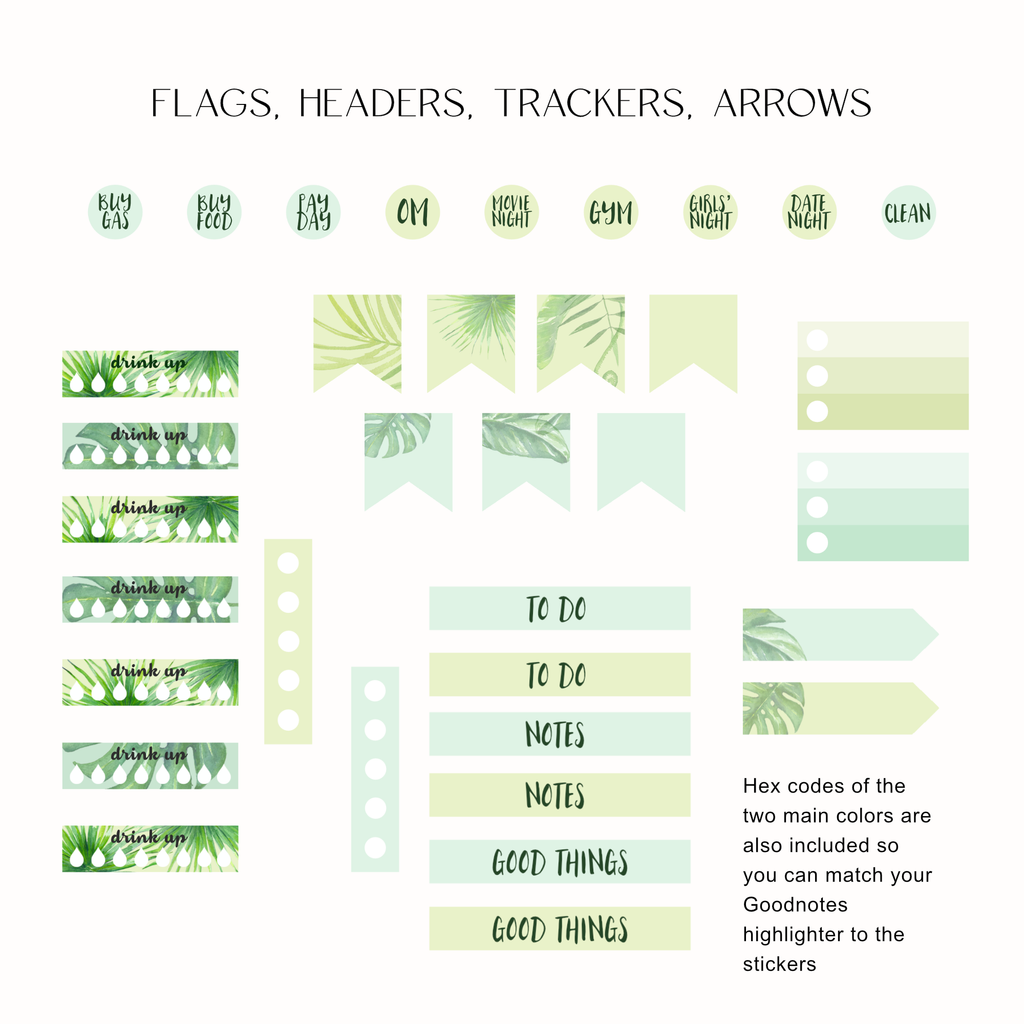 A sticker sheet set featuring tropical green and white leaf designs, including flags, headers, trackers, and arrows, displayed on a clean off-white background with descriptive text.