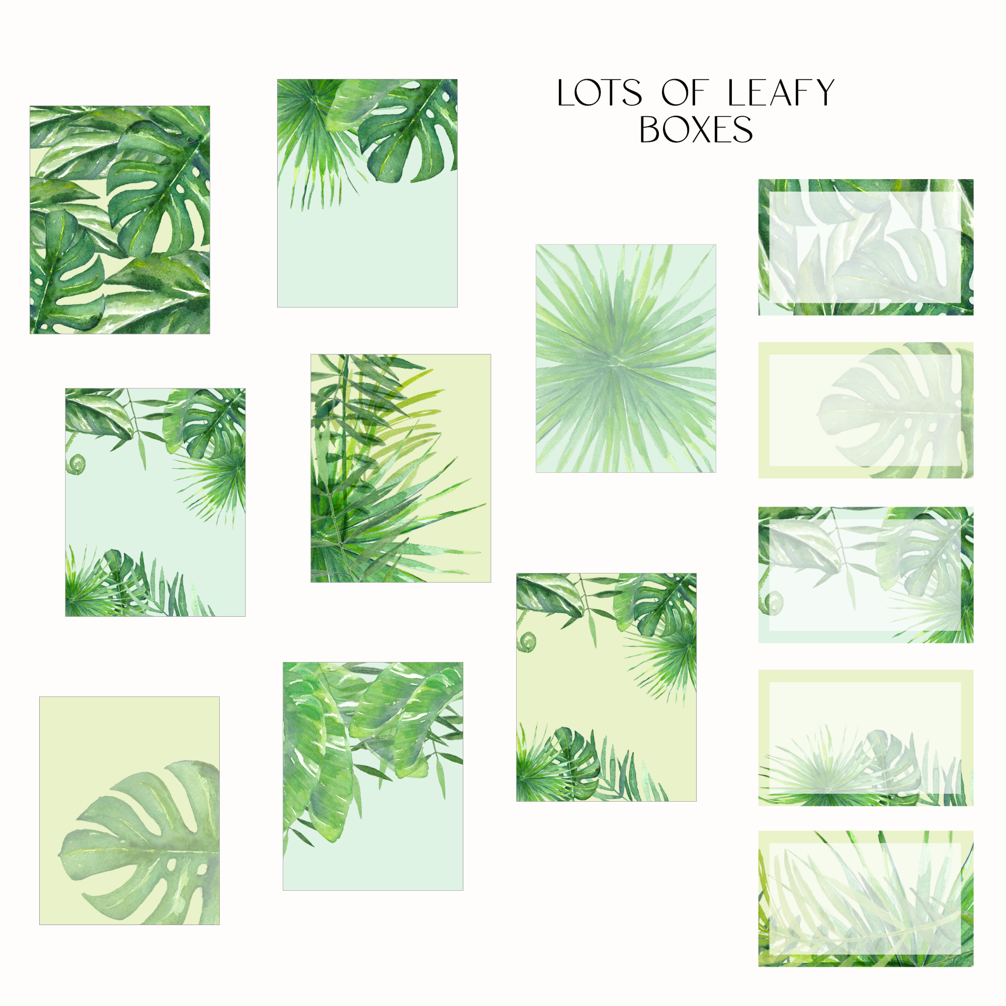 A collage of multiple rectangular tropical leaf prints in shades of green on pale mint and cream backgrounds, with the text 'LOTS OF LEAFY BOXES' at the top center.