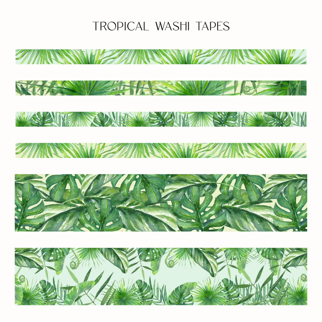 Six horizontal strips of tropical washi tape with green palm and monstera leaf patterns, displayed on a white background with the text 'TROPICAL WASHI TAPES' at the top.