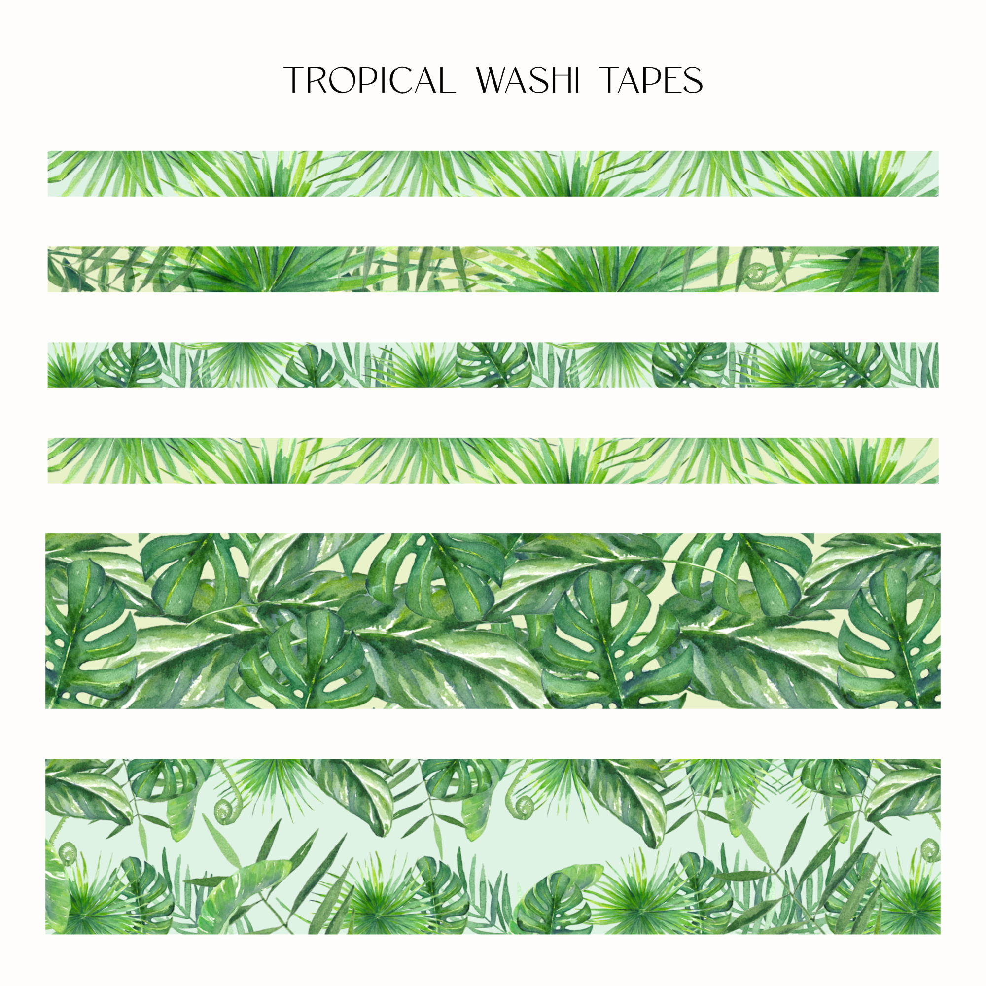 Six horizontal strips of tropical washi tape with green palm and monstera leaf patterns, displayed on a white background with the text 'TROPICAL WASHI TAPES' at the top.