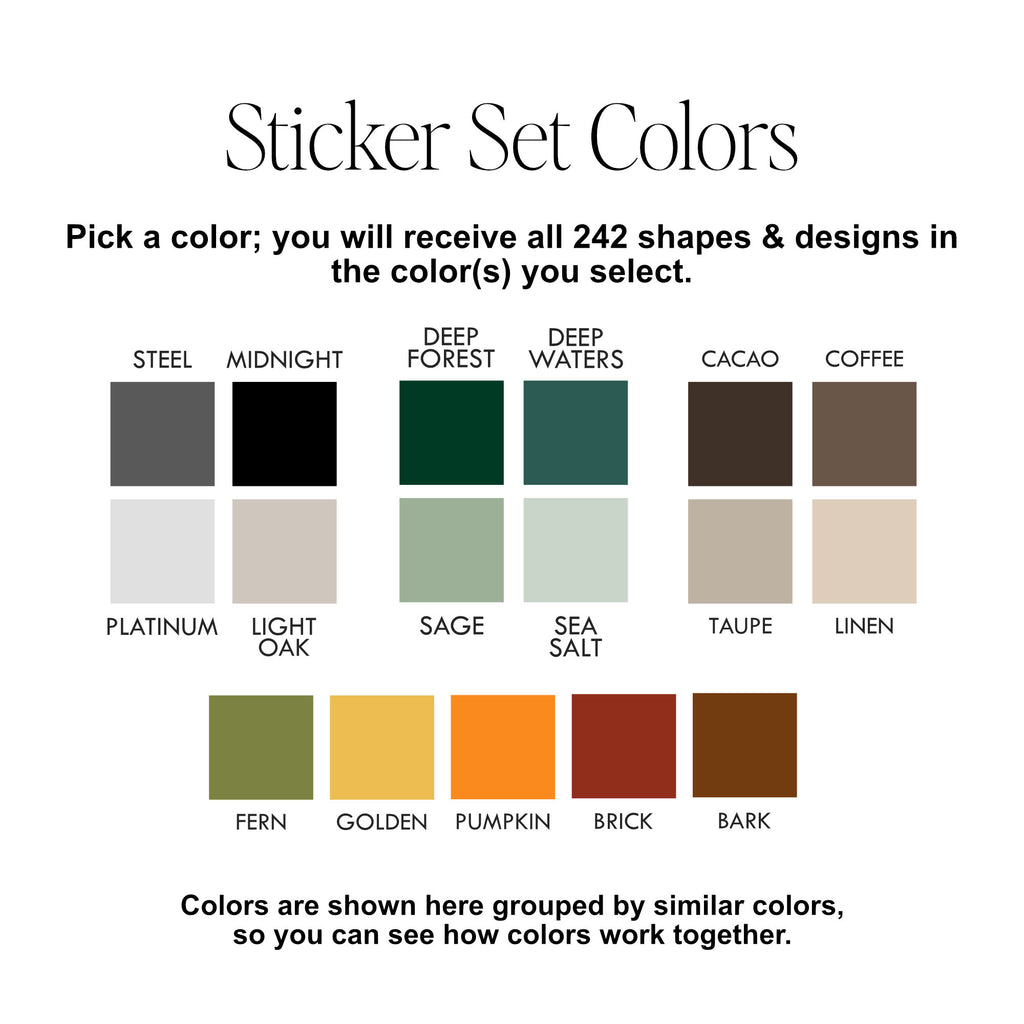 A color selection chart for a sticker set, titled 'Sticker Set Colors,' showing multiple swatches grouped by similar hues with labels including Steel, Midnight, Deep Forest, Sea Salt, Cacao, Coffee, Platinum, Light Oak, Sage, Bark, Fern, Golden, Pumpkin, Brick, and Linen. Text explains that all 242 shapes and designs are available in the selected colors.