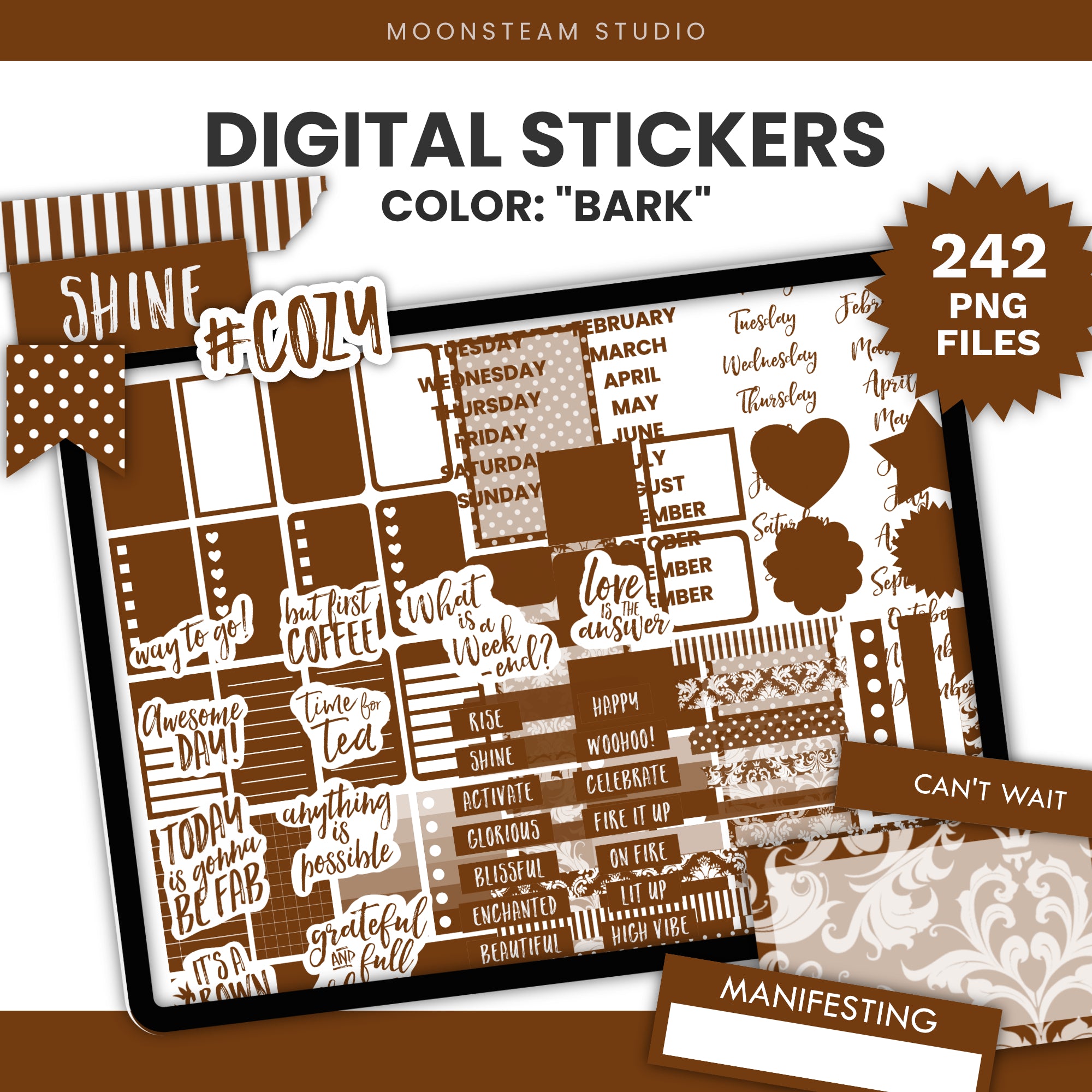 Digital planner stickers in a brown 'Bark' colorway by Moonsteam Studio, shown as a digital preview on a tablet screen with decorative text labels, date boxes, icons, and patterned strips.