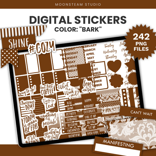 Digital planner stickers in a brown 'Bark' colorway by Moonsteam Studio, shown as a digital preview on a tablet screen with decorative text labels, date boxes, icons, and patterned strips.