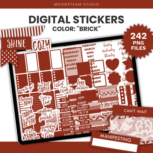 Digital sticker set preview titled 'DIGITAL STICKERS COLOR: "BRICK"' by Moonsteam Studio, shown on a tablet screen with many rusty red planner-style stickers including labels, hearts, stripes, and quote stickers. A burst says '242 PNG FILES'.