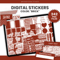 Digital sticker set preview titled 'DIGITAL STICKERS COLOR: "BRICK"' by Moonsteam Studio, shown on a tablet screen with many rust red stickers including labels, hearts, stripes, and quote stickers. A burst says '242 PNG FILES'.