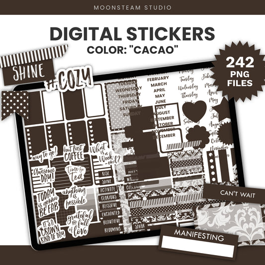 Digital planner sticker set preview titled 'DIGITAL STICKERS' in black text on a white background, with 'COLOR: "CACAO"' above. The main subject is a large tablet mockup filled with dark brown planner stickers, decorative banners, and sample text elements.