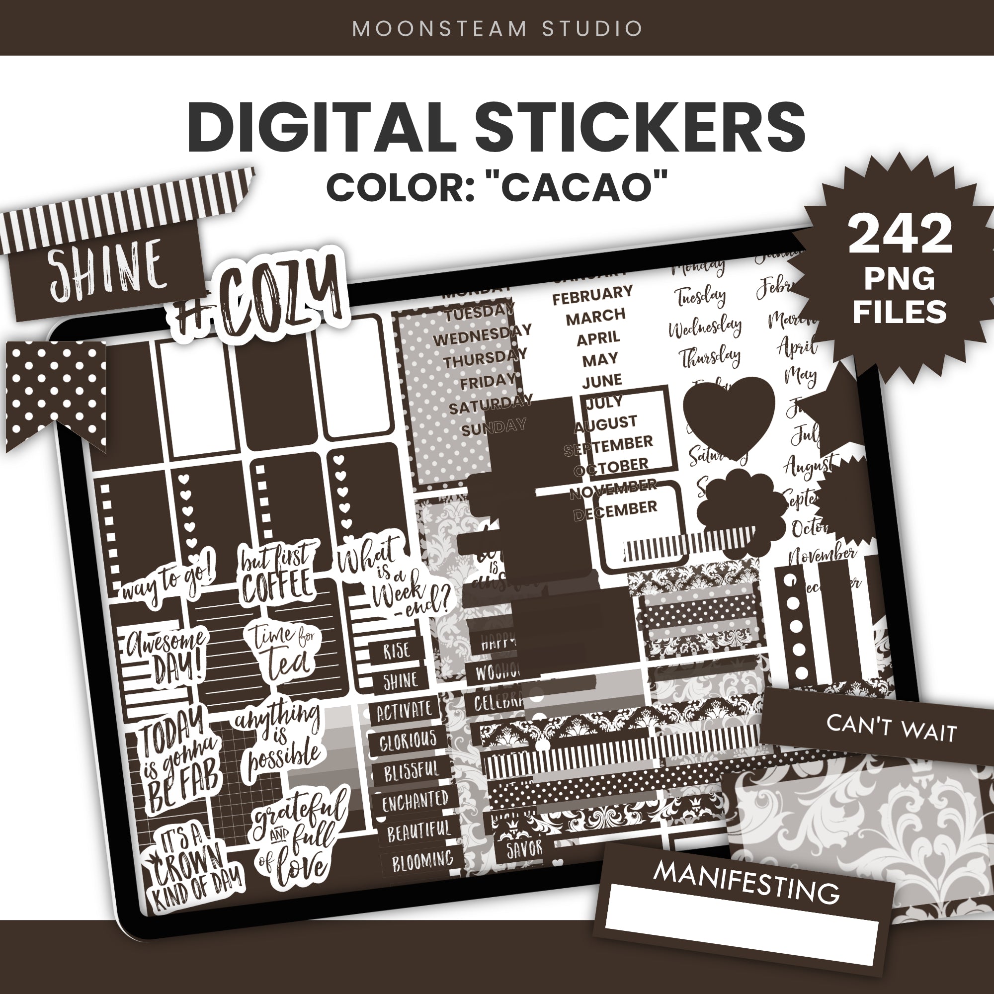 Digital planner sticker set preview titled 'DIGITAL STICKERS' in black text on a white background, with 'COLOR: "CACAO"' above. The main subject is a large tablet mockup filled with dark brown planner stickers, decorative banners, and sample text elements.