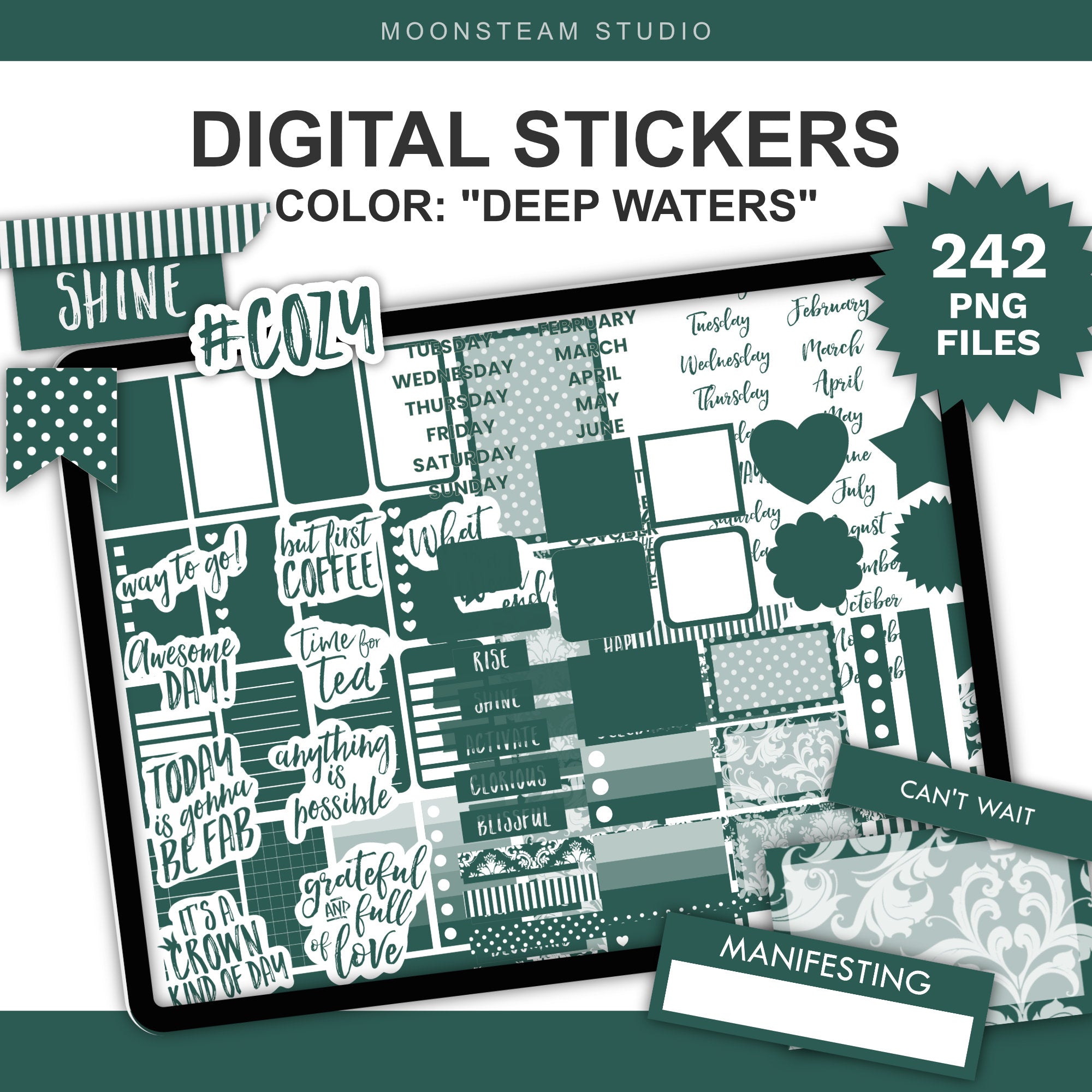 Digital planner sticker set preview titled 'DIGITAL STICKERS' with the color name 'DEEP WATERS' and a badge reading '242 PNG FILES.' The image shows a tablet mockup filled with dark teal sticker designs, including text stickers, date stickers, patterned stickers, and decorative labels.