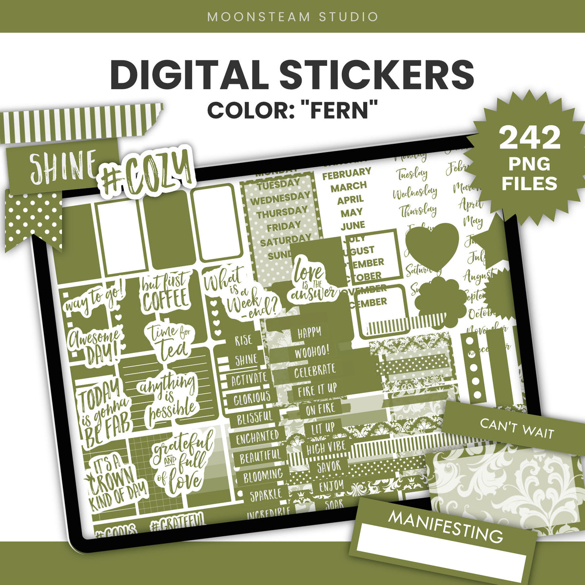Digital sticker pack preview titled 'DIGITAL STICKERS' with the color name 'FERN' and a large tablet showing multiple olive green planner-style stickers. The design includes text stickers, stripes, hearts, clouds, and decorative elements, with a badge reading '242 PNG FILES'.