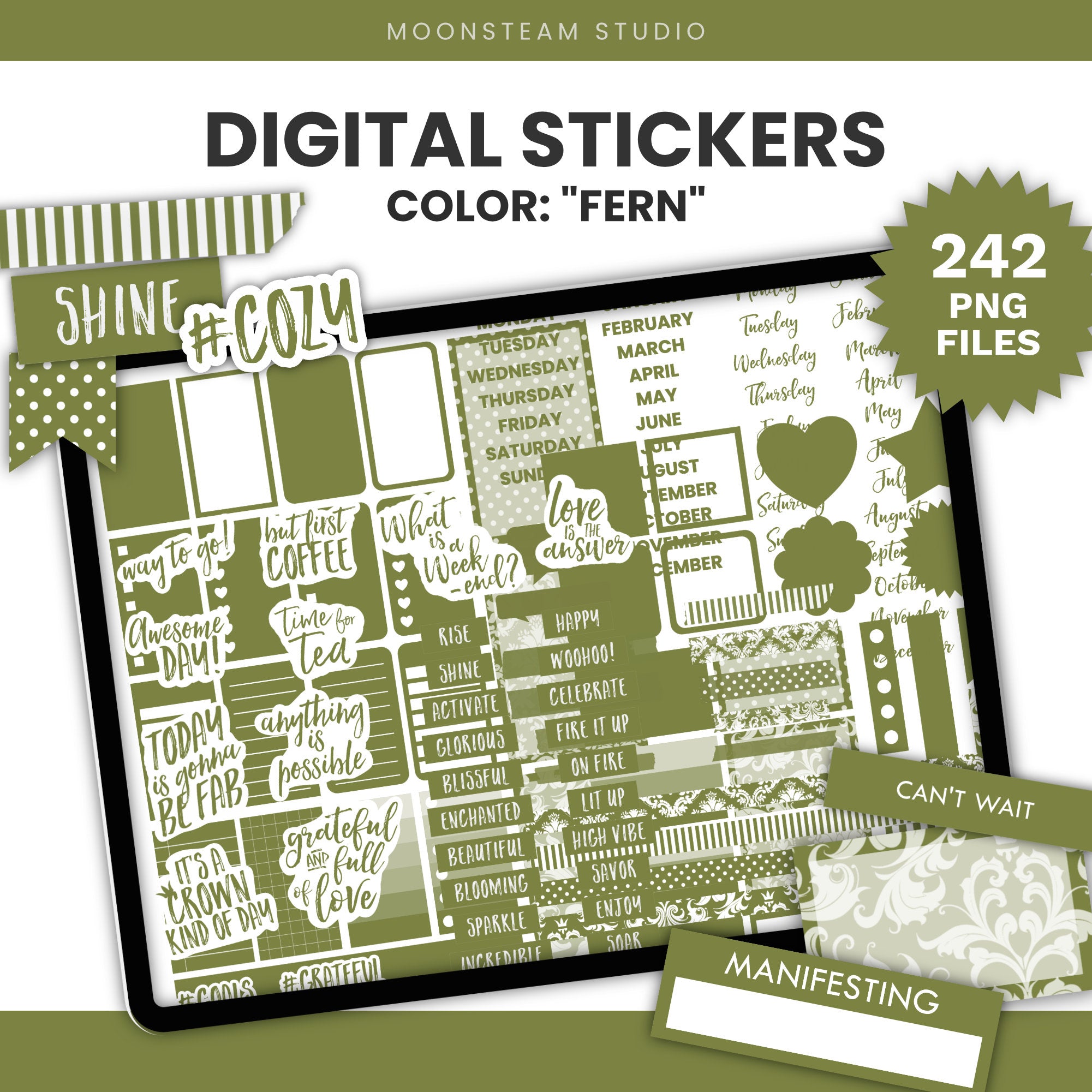 Digital sticker pack preview titled 'DIGITAL STICKERS' with the color name 'FERN' and a large tablet showing multiple olive green planner-style stickers. The design includes text stickers, stripes, hearts, clouds, and decorative elements, with a badge reading '242 PNG FILES'.