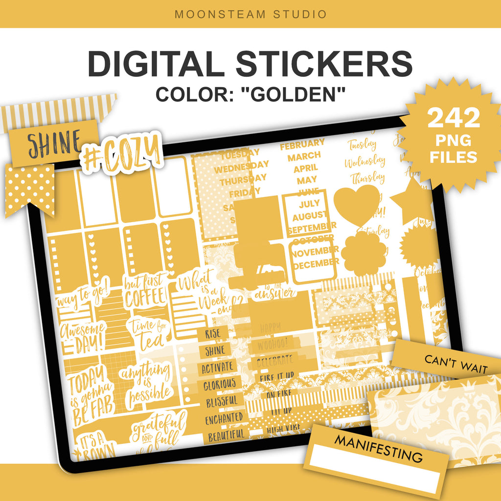 Digital planner stickers in a golden yellow color scheme displayed on a tablet screen, with promotional text including 'DIGITAL STICKERS', 'COLOR: "GOLDEN"', '242 PNG FILES', and 'MOONSTEAM STUDIO'.