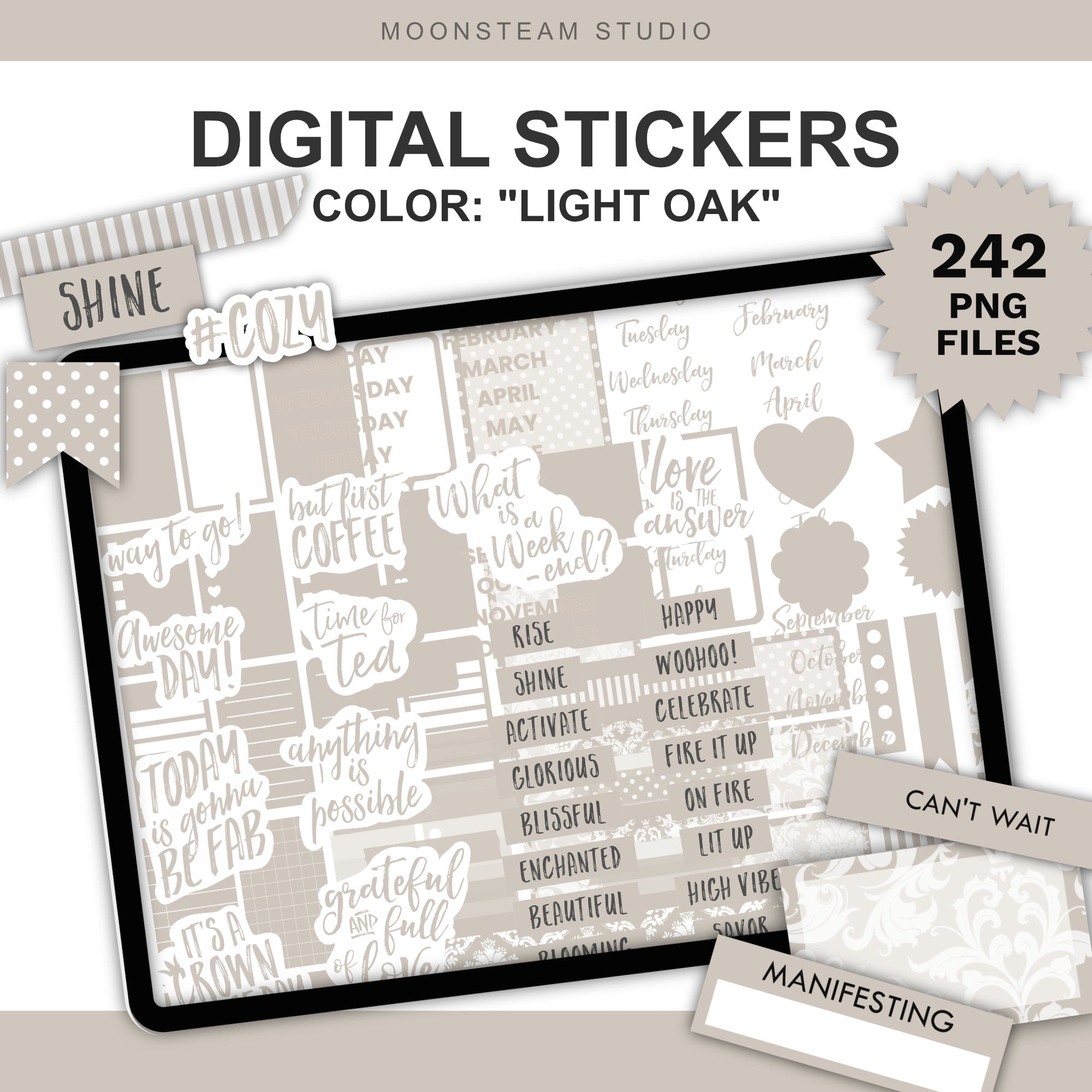 Digital sticker set preview titled 'DIGITAL STICKERS' with the color name 'Light Oak' and a badge reading '242 PNG FILES.' The preview shows a tablet with multiple light beige decorative stickers and text elements, plus a few sample stickers placed around it.