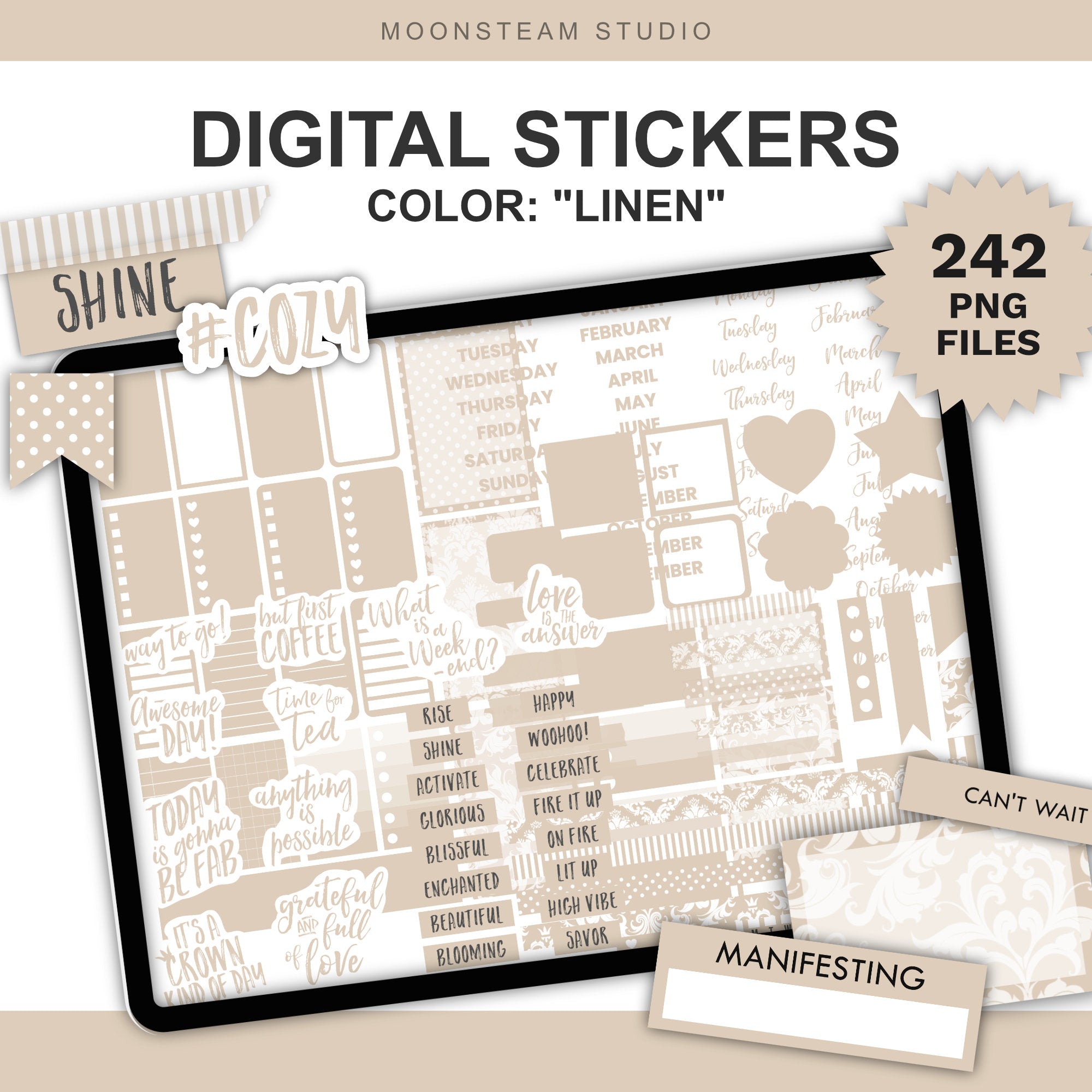 Digital planner sticker set preview titled 'DIGITAL STICKERS' with the color name 'LINEN' and a badge reading '242 PNG FILES.' The preview shows a light beige planner stickers, labels, hearts, stripes, and decorative text on a light tan background.