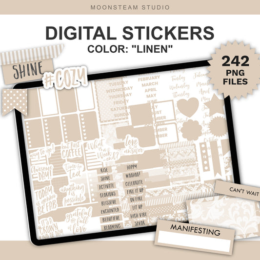 Digital planner sticker set preview titled 'DIGITAL STICKERS' with the color name 'LINEN' and a badge reading '242 PNG FILES.' The preview shows a light beige planner stickers, labels, hearts, stripes, and decorative text on a light tan background.
