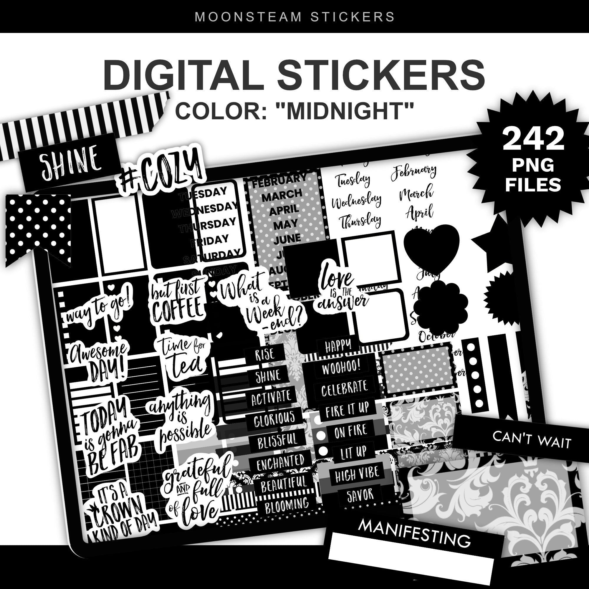 Digital planner stickers bundle titled 'DIGITAL STICKERS' in black and white, labeled 'COLOR: "Midnight"' with '242 PNG FILES' in a black starburst. The image shows a collage of black sticker designs including text labels, stripes, polka dots, floral motifs, and decorative blocks.