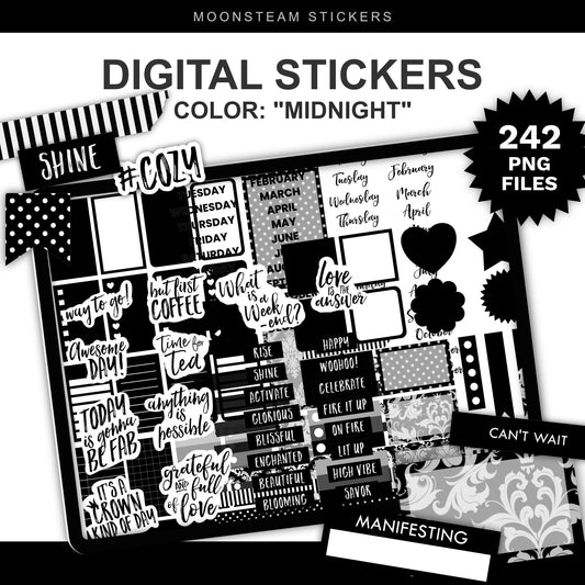 Digital planner stickers bundle titled 'DIGITAL STICKERS' in black and white, labeled 'COLOR: "Midnight"' with '242 PNG FILES' in a black starburst. The image shows a collage of black sticker designs including text labels, stripes, polka dots, floral motifs, and decorative blocks.