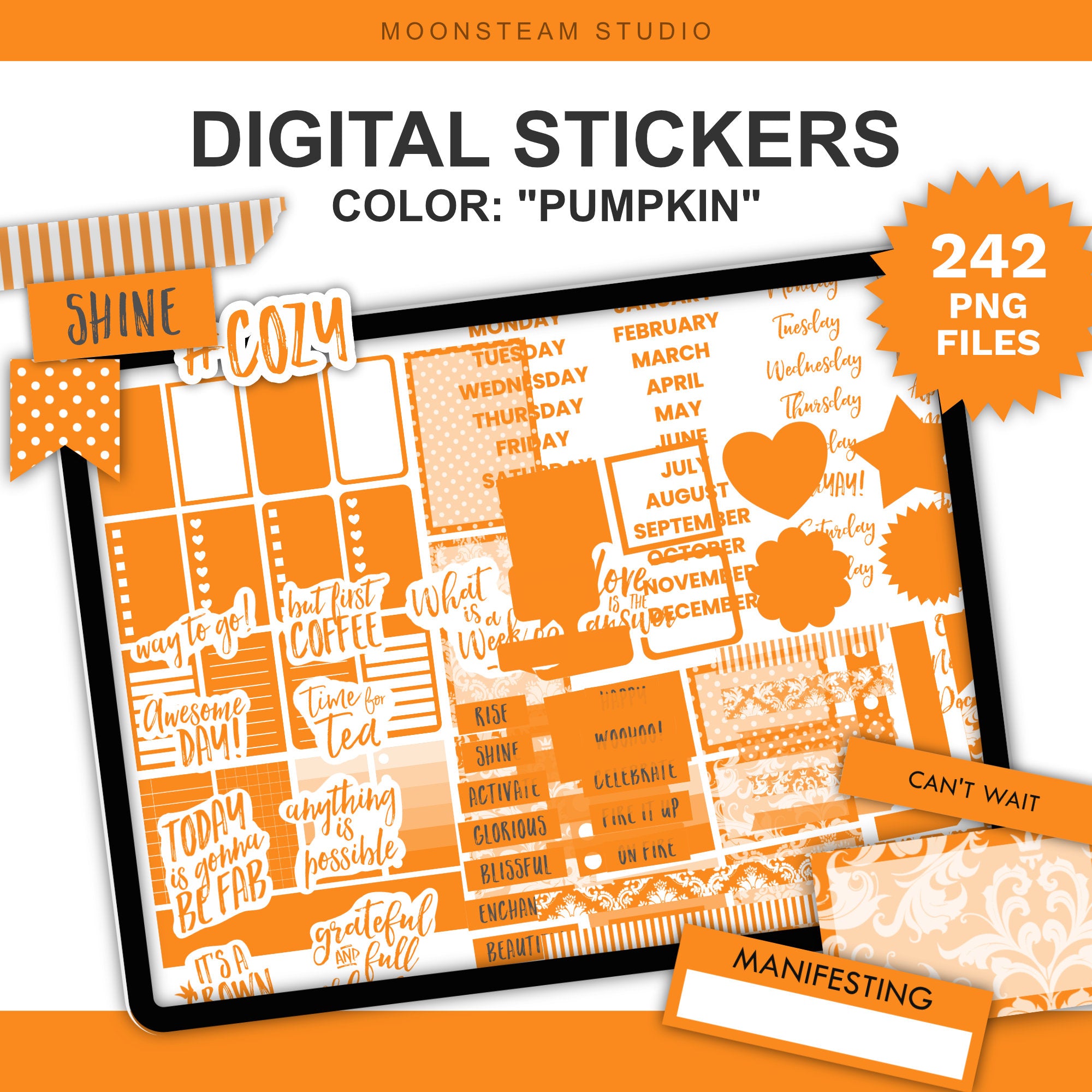 Digital sticker set preview for 'Digital Stickers' in the color 'Pumpkin' by Moonsteam Studio, shown on a tablet screen with orange stickers, patterned labels, stickers, and text elements, plus callout badges reading '242 PNG files'.