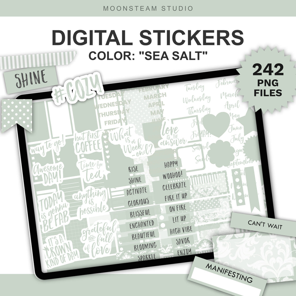 Digital sticker pack preview titled 'DIGITAL STICKERS' with the color name 'SEA SALT' and '242 PNG FILES'. A tablet mockup displays many small motivational labels and stickers in matching light sage green.