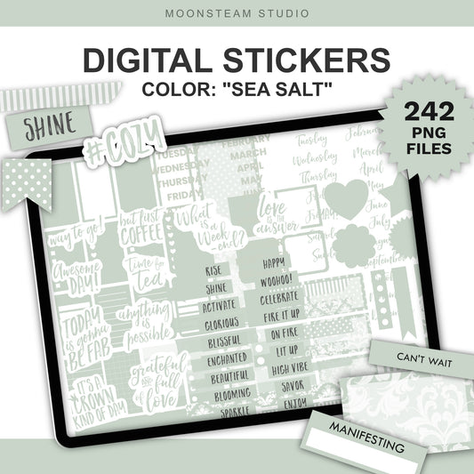 Digital sticker pack preview titled 'DIGITAL STICKERS' with the color name 'SEA SALT' and '242 PNG FILES'. A tablet mockup displays many small motivational labels and stickers in matching light sage green.