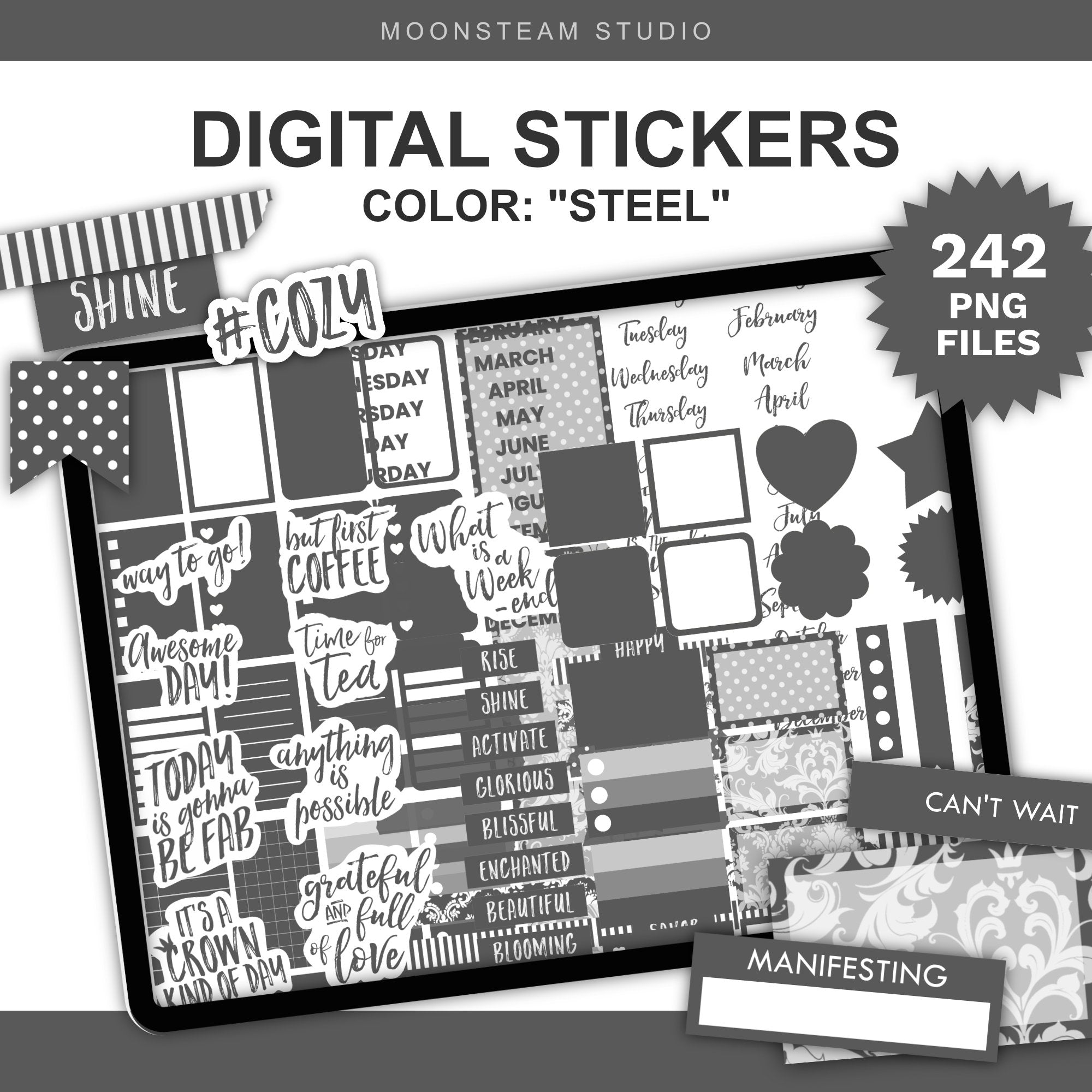 Digital planner sticker set preview titled 'DIGITAL STICKERS COLOR: "STEEL"' by Moonsteam Studio, showing a tablet with dark gray digital stickers, plus callout badges reading '242 PNG FILES'.