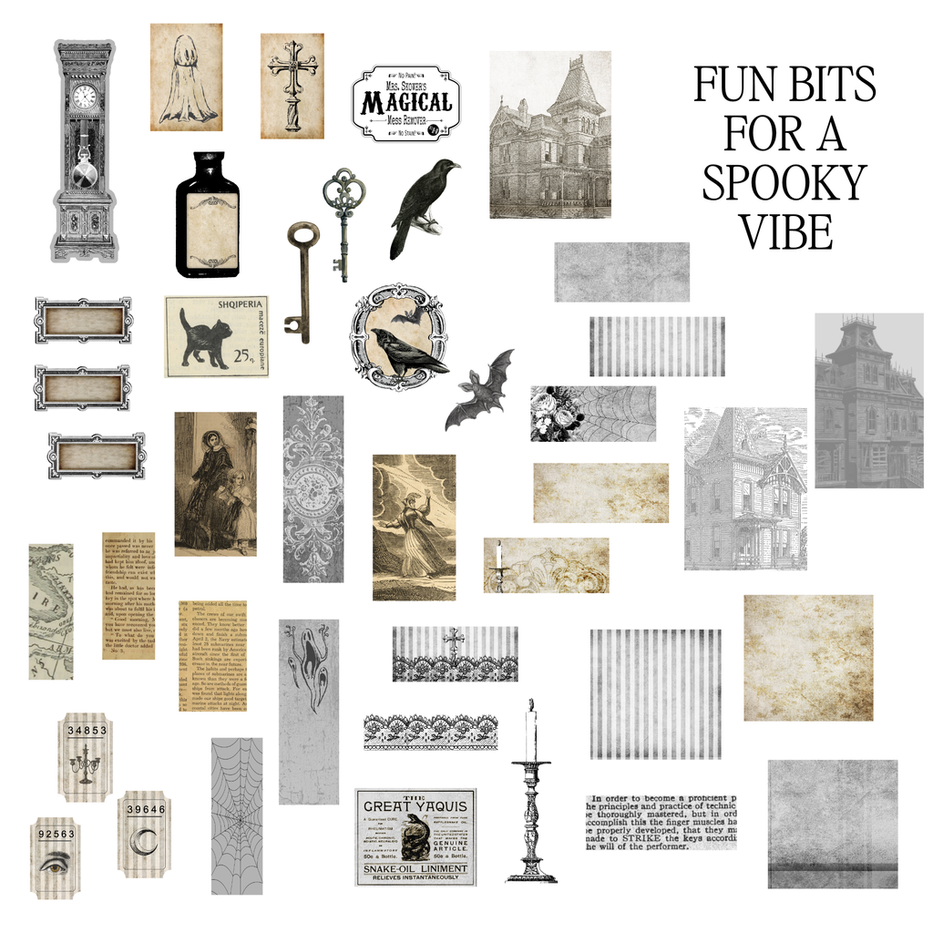 A collage of vintage-style spooky and gothic decorative elements on a white background, including old buildings, crows, a key, labels, banners, striped textures, and aged paper textures. The text 'FUN BITS FOR A SPOOKY VIBE' appears in the upper right.