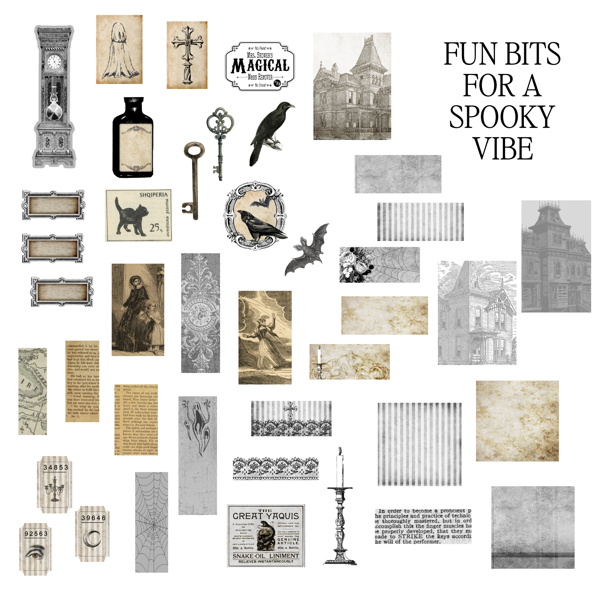 A collage of vintage-style spooky and gothic decorative elements on a white background, including old buildings, crows, a key, labels, banners, striped textures, and aged paper textures. The text 'FUN BITS FOR A SPOOKY VIBE' appears in the upper right.