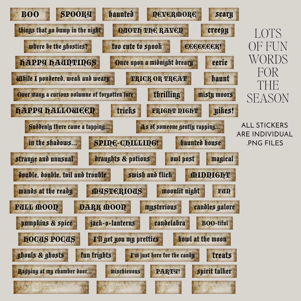 A sheet of decorative Halloween-themed stickers with rustic tan parchment-style backgrounds and black text, shown on a white background with promotional text reading 'LOTS OF FUN WORDS FOR THE SEASON' and 'ALL STICKERS ARE INDIVIDUAL PNG FILES'.