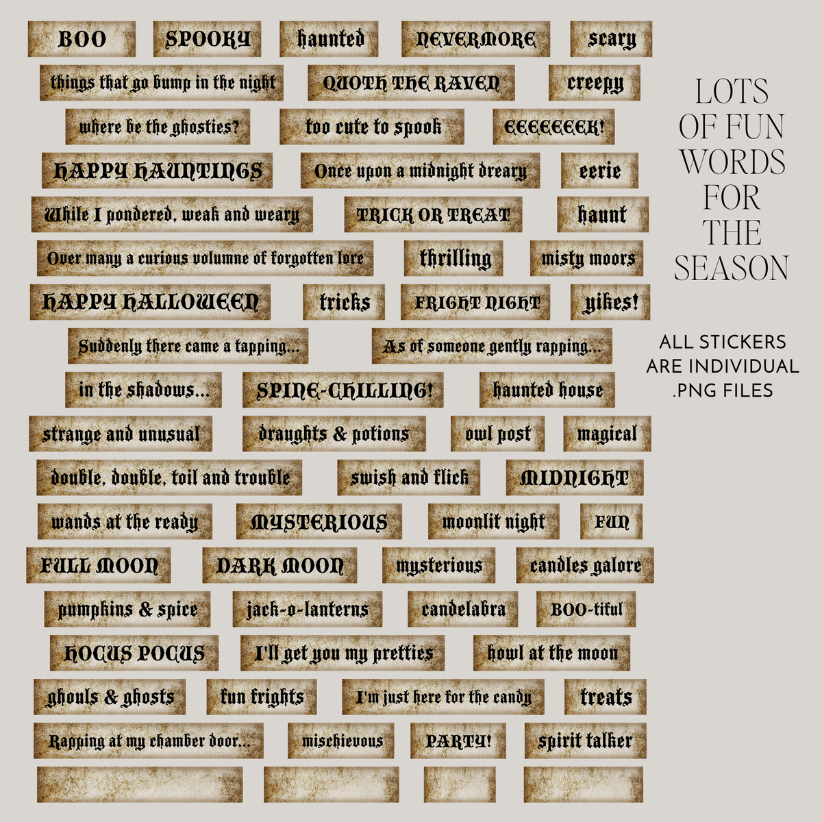 A sheet of decorative Halloween-themed stickers with rustic tan parchment-style backgrounds and black text, shown on a white background with promotional text reading 'LOTS OF FUN WORDS FOR THE SEASON' and 'ALL STICKERS ARE INDIVIDUAL PNG FILES'.