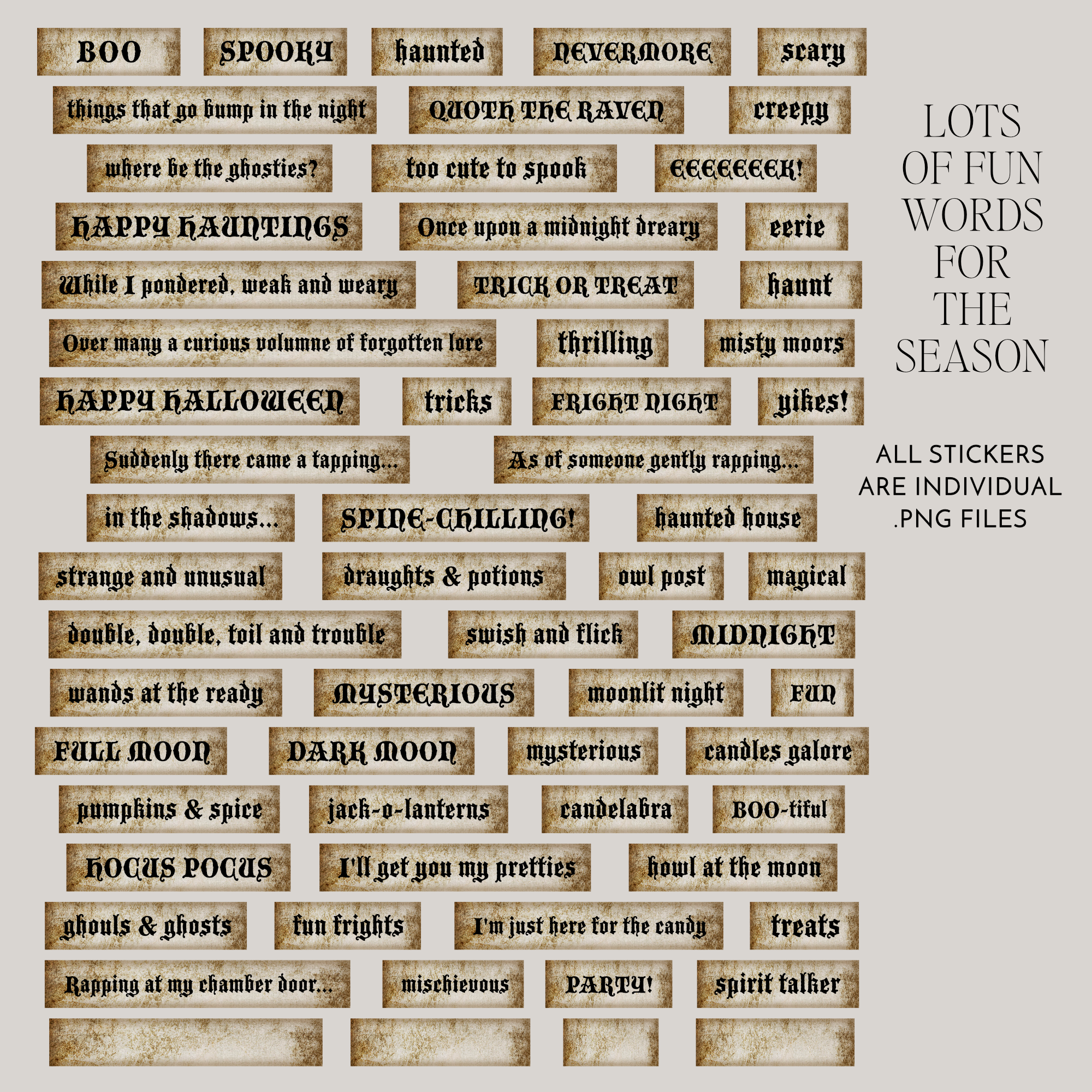 A sheet of decorative Halloween-themed stickers with rustic tan parchment-style backgrounds and black text, shown on a white background with promotional text reading 'LOTS OF FUN WORDS FOR THE SEASON' and 'ALL STICKERS ARE INDIVIDUAL PNG FILES'.
