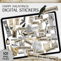 Digital sticker pack preview titled 'Happy Hauntings Digital Stickers' showing a collage of spooky themed labels and graphics, including raven, owl, bat, ghost, key, clock, bottle, and words like 'BOO,' 'creepy,' 'haunted,' 'misty moors,' 'spooky,' and 'magical.' Text in the corner says '101 PNG files.
