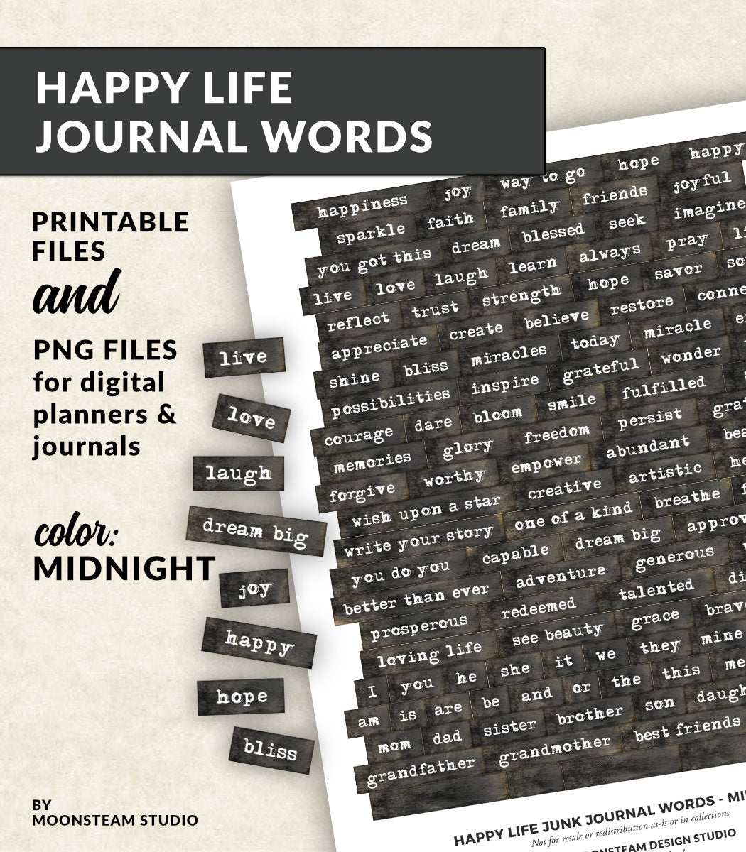 Happy Life Journal Words in Midnight