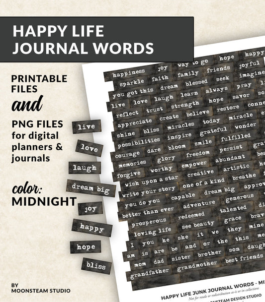 Happy Life Journal Words in Midnight