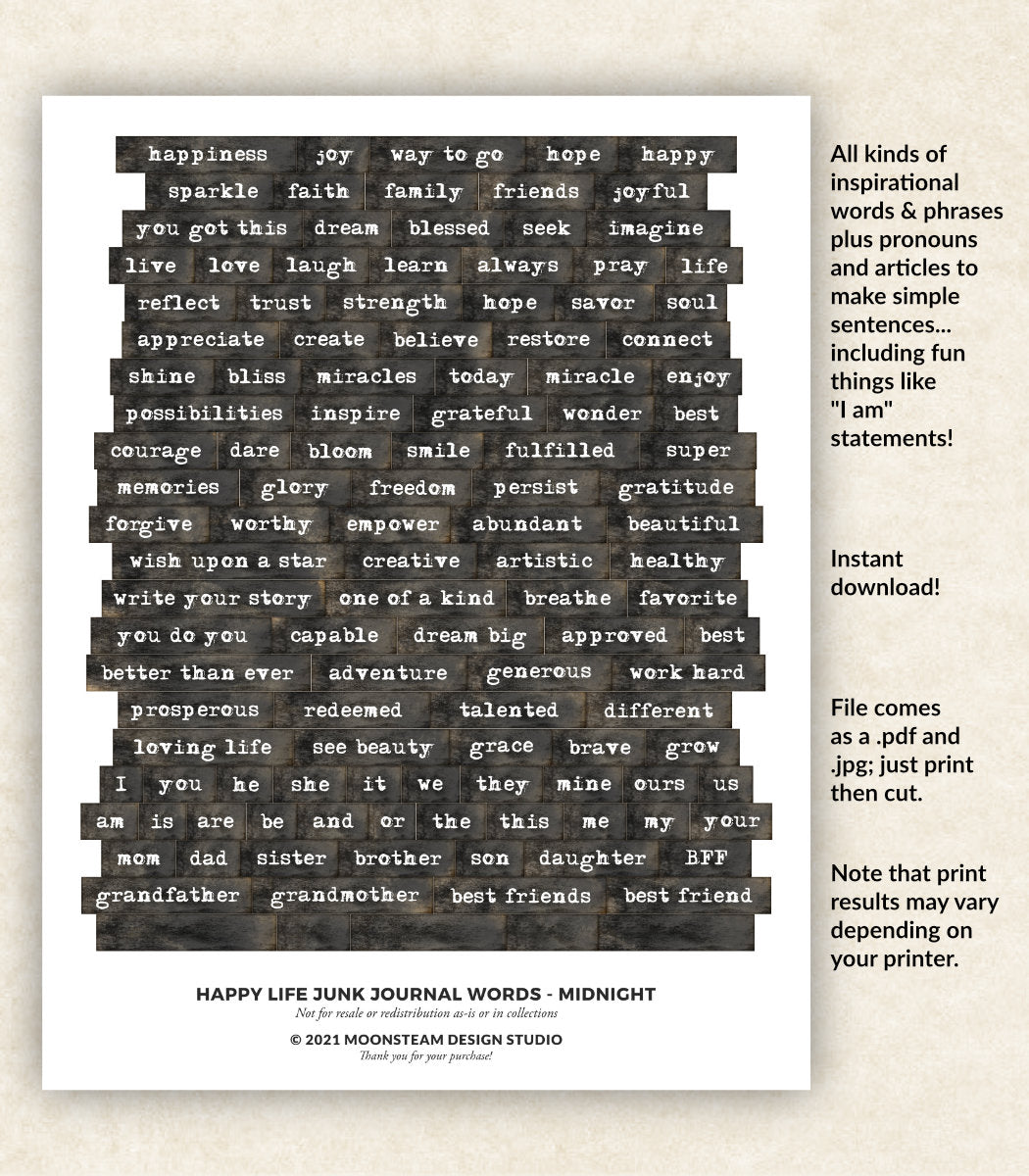 Happy Life Journal Words in Midnight