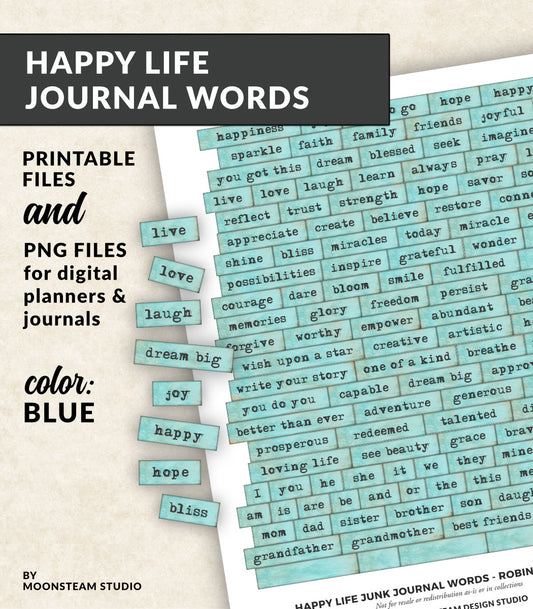Happy Life Journal Words in Blue