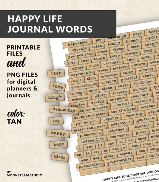 Happy Life Journal Words in Tan