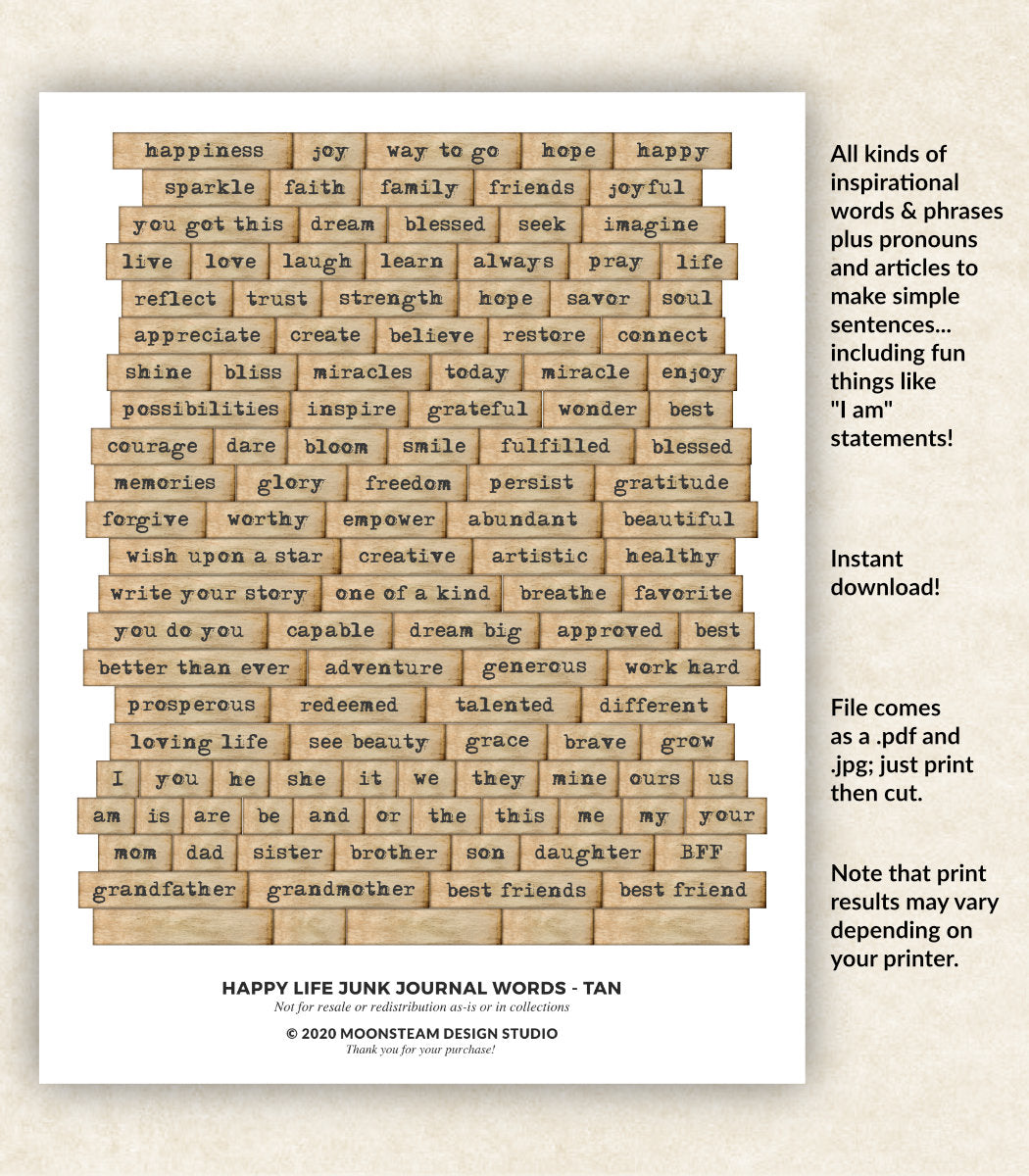 Happy Life Journal Words in Tan