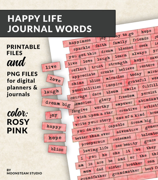 Happy Life Journal Words in Rosy Pink