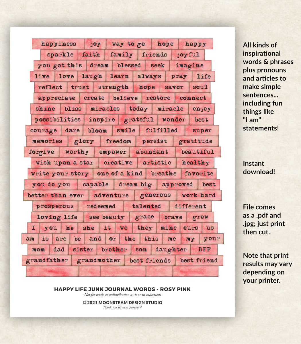 Happy Life Journal Words in Rosy Pink